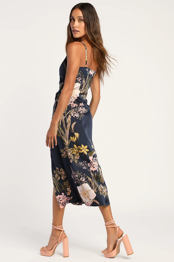 Vestido Floral Elegante-azul marinho