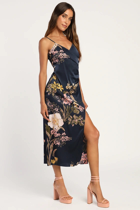 Vestido Floral Elegante-azul marinho