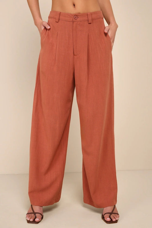 Calças de Linho Pernas Largas Terracota Mysjoy - Laranja