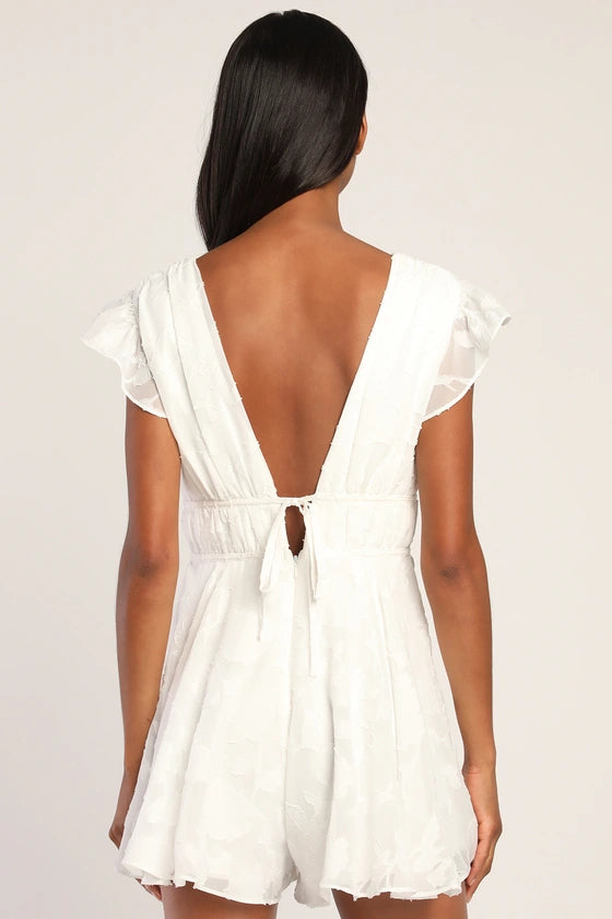 Macacao Floral Queimado com Babados-branco