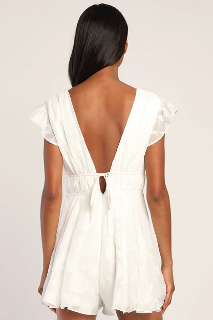 Macacao Floral Queimado com Babados-branco