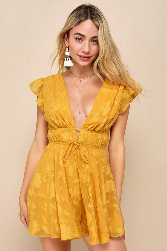 Macacao Floral Queimado com Babados-amarelo