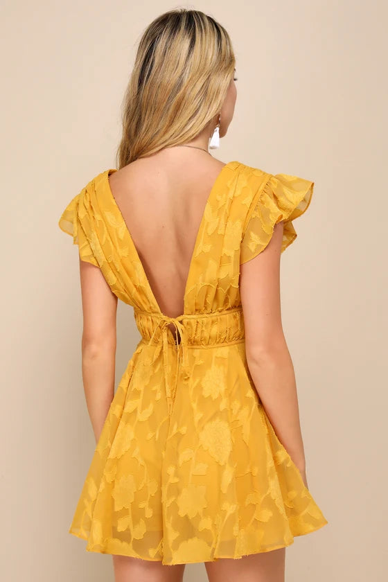 Macacao Floral Queimado com Babados-amarelo