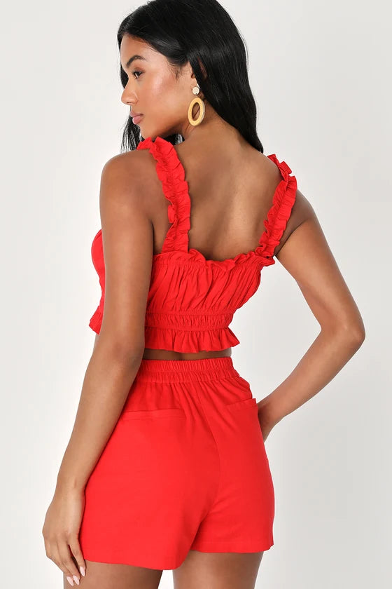 Macacão de Linho com Babados Hotter Temps-vermelho