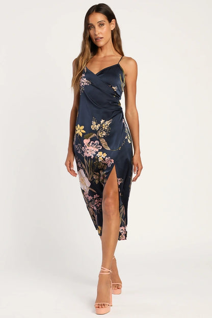 Vestido Floral  Elegante-azul marinho