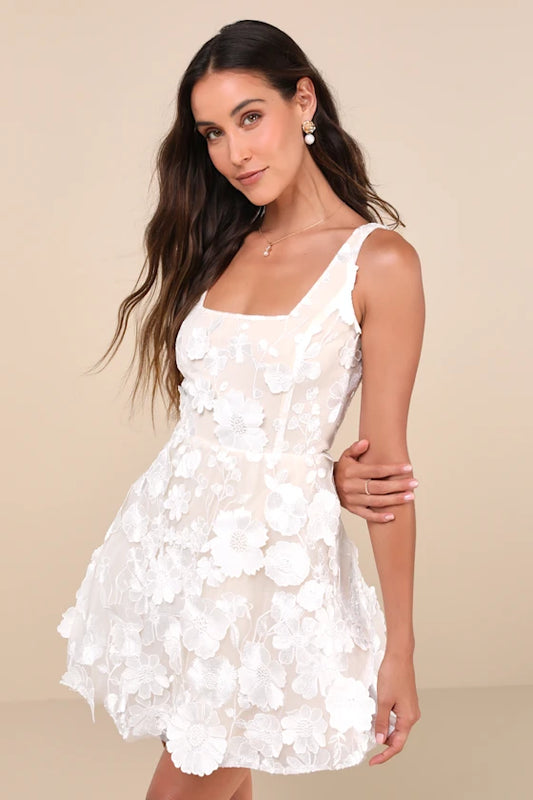 Vestido Skater Floral Branco 3D-branco
